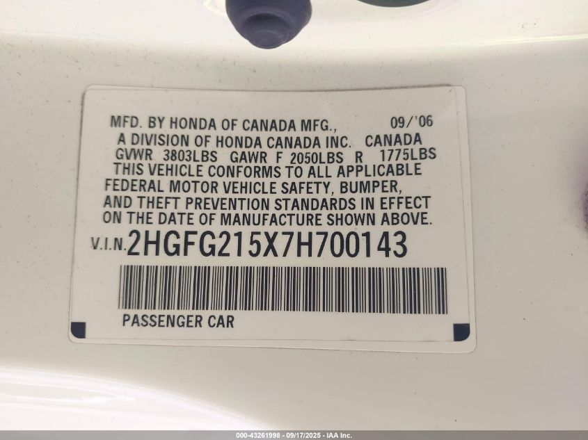 2007 Honda Civic Si VIN: 2HGFG215X7H700143 Lot: 43261998