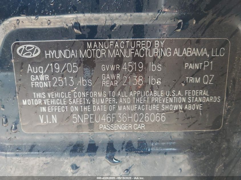 2006 Hyundai Sonata Gls V6/Lx V6 VIN: 5NPEU46F36H026066 Lot: 43262009