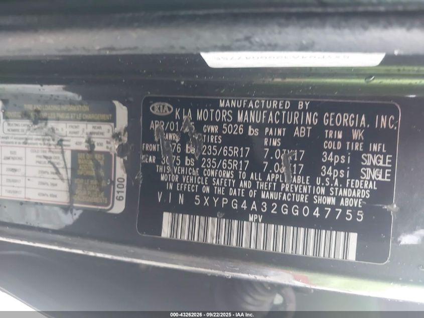 2016 Kia Sorento 2.4L Lx VIN: 5XYPG4A32GG047755 Lot: 43262026