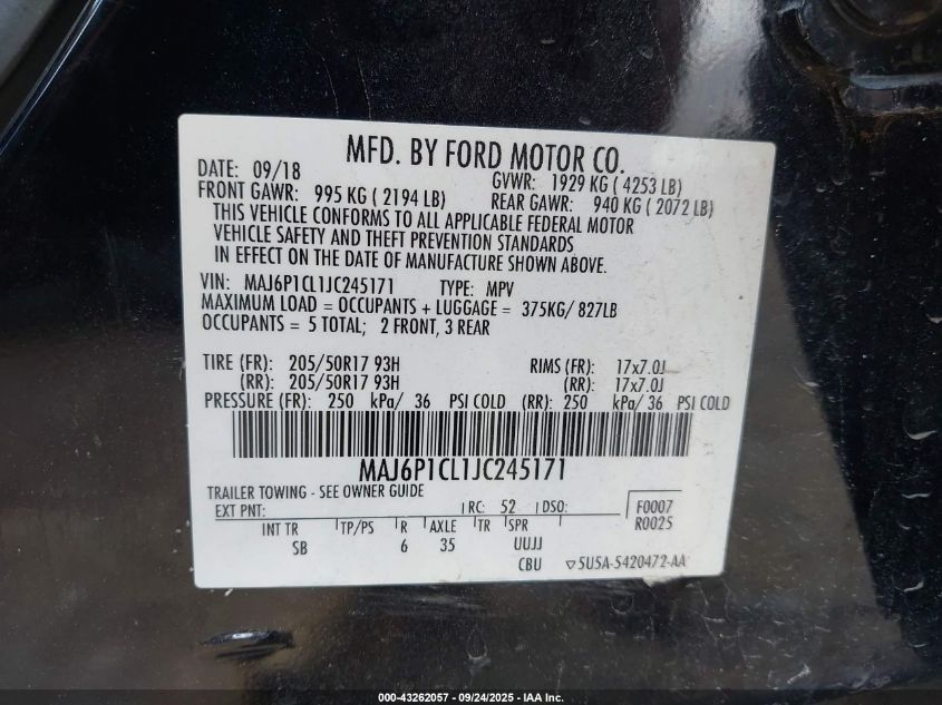 2018 Ford Ecosport Ses VIN: MAJ6P1CL1JC245171 Lot: 43262057