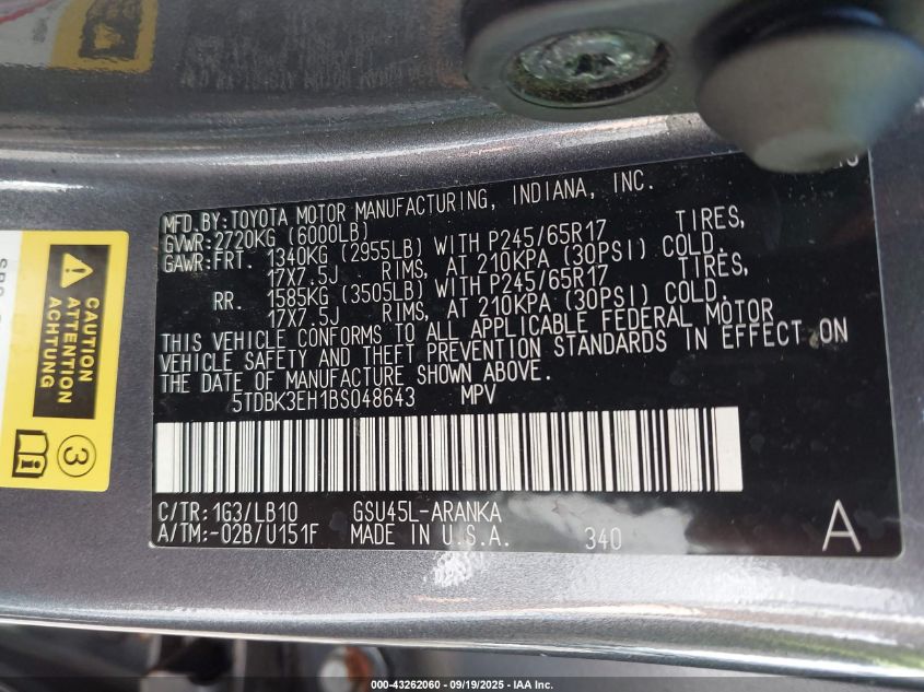 2011 Toyota Highlander Se V6 VIN: 5TDBK3EH1BS048643 Lot: 43262060