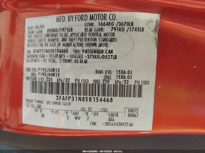 2005 Ford Focus Zx3 VIN: 3FAFP31N85R154468 Lot: 43262063