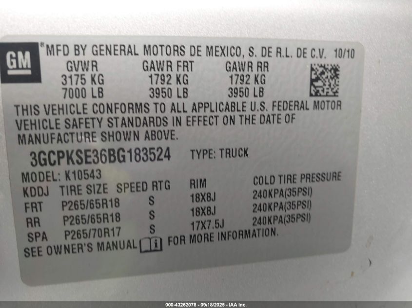 2011 Chevrolet Silverado 1500 Lt VIN: 3GCPKSE36BG183524 Lot: 43262078