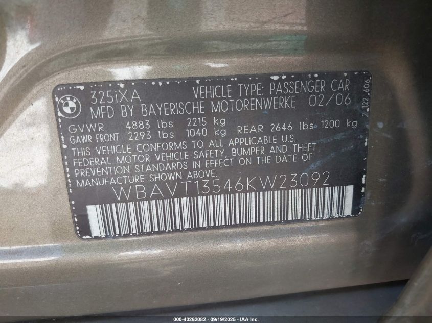 2006 BMW 325Xit VIN: WBAVT13546KW23092 Lot: 43262082