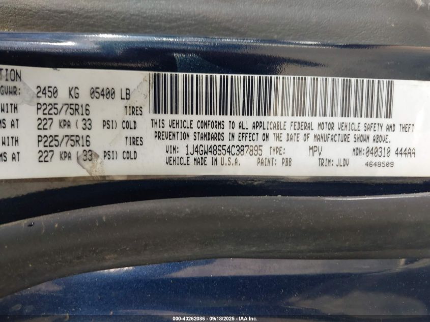 2004 Jeep Grand Cherokee Laredo VIN: 1J4GW48S54C387895 Lot: 43262086