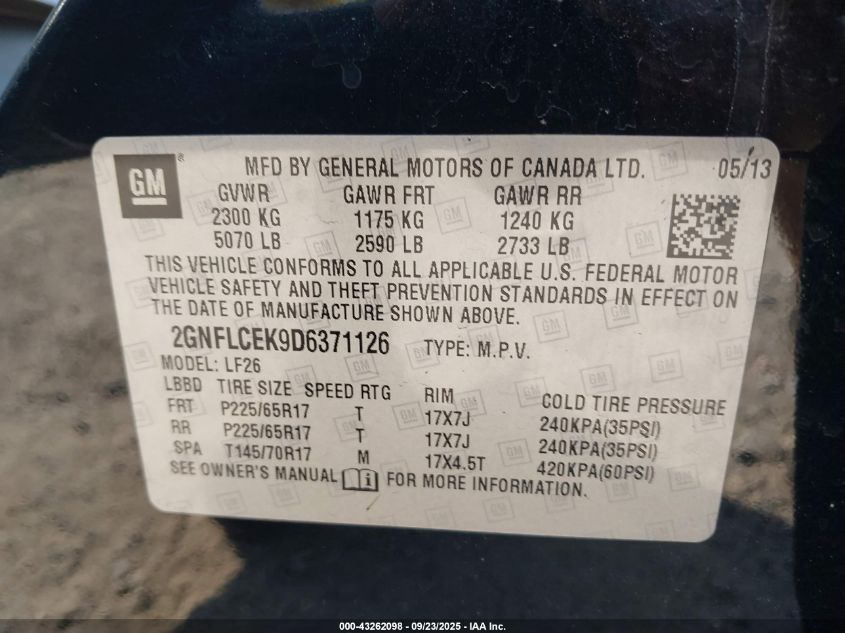 2013 Chevrolet Equinox Ls VIN: 2GNFLCEK9D6371126 Lot: 43262098