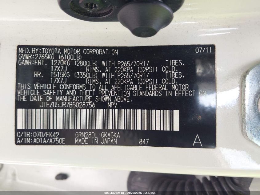 2011 Toyota 4Runner Sr5 V6 VIN: JTEZU5JR7B5028756 Lot: 43262118