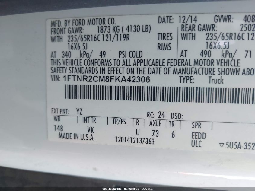 2015 Ford Transit-250 VIN: 1FTNR2CM8FKA42306 Lot: 43262136