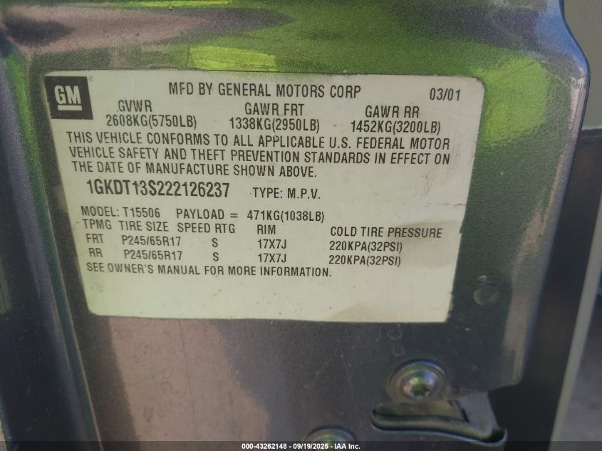 2002 GMC Envoy Sle VIN: 1GKDT13S222126237 Lot: 43262148