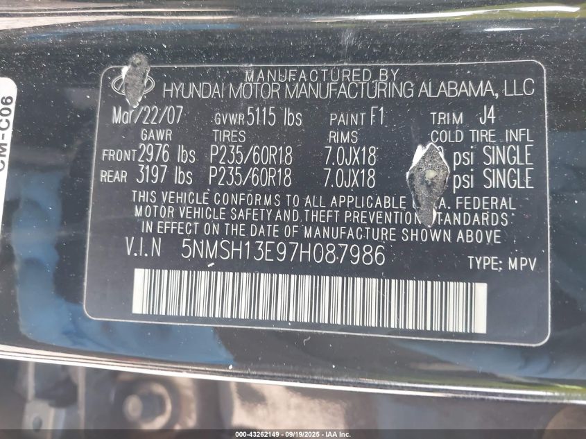 2007 Hyundai Santa Fe Limited/Se VIN: 5NMSH13E97H087986 Lot: 43262149