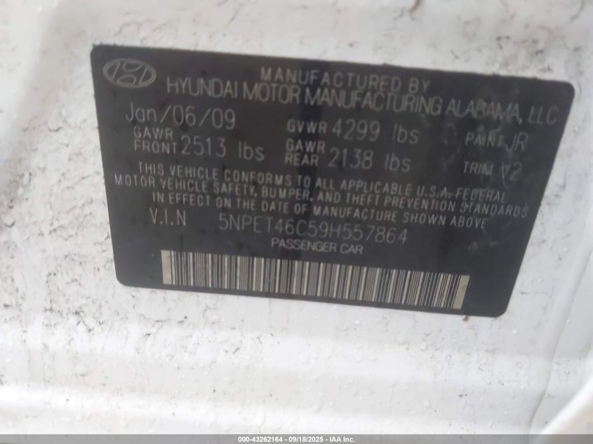 2009 Hyundai Sonata Gls VIN: 5NPET46C59H557864 Lot: 43262164