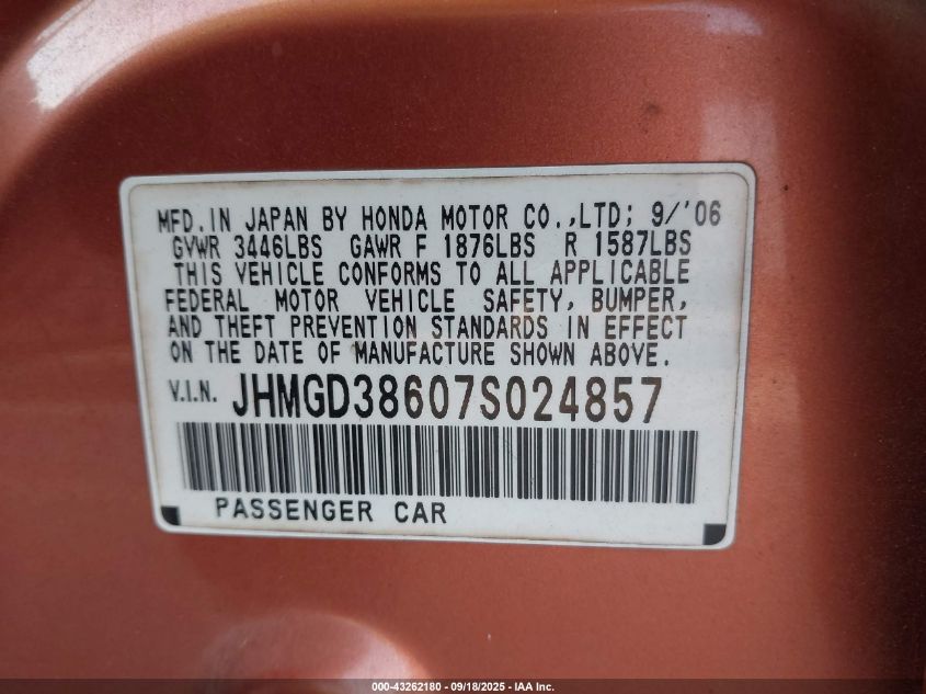 2007 Honda Fit S VIN: JHMGD38607S024857 Lot: 43262180