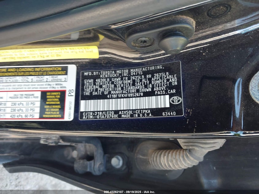 2015 Toyota Camry Xse VIN: 4T1BF1FK4FU952678 Lot: 43262187