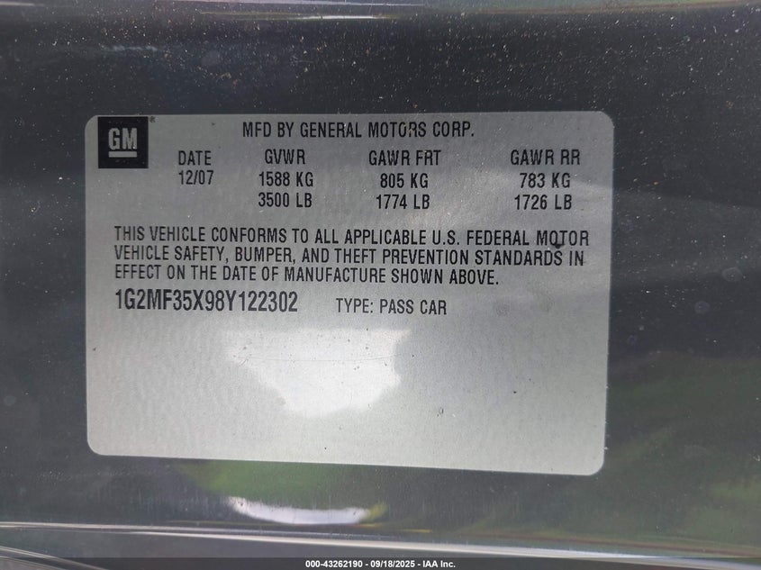 2008 Pontiac Solstice Gxp VIN: 1G2MF35X98Y122302 Lot: 43262190