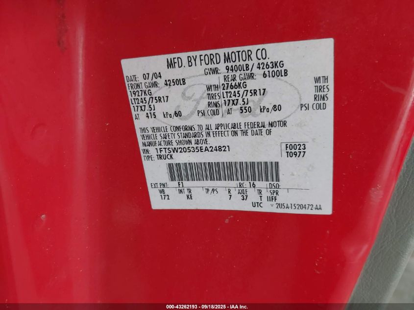 2005 Ford F-250 Lariat/Xl/Xlt VIN: 1FTSW20535EA24821 Lot: 43262193