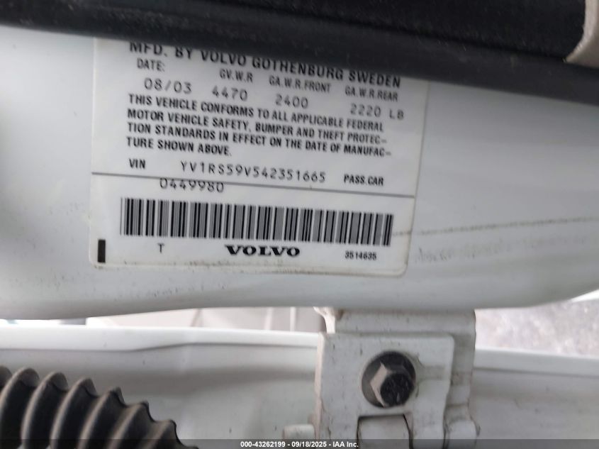 2004 Volvo S60 2.5T VIN: YV1RS59V542351665 Lot: 43262199