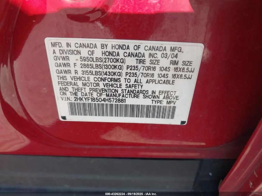 2004 Honda Pilot Ex-L VIN: 2HKYF18504H572881 Lot: 43262224