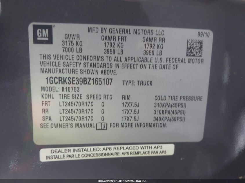 2011 Chevrolet Silverado 1500 Lt VIN: 1GCRKSE39BZ165107 Lot: 43262227