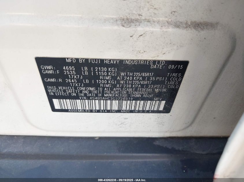 2016 Subaru Outback 2.5I Premium VIN: 4S4BSAHC3G3228019 Lot: 43262235