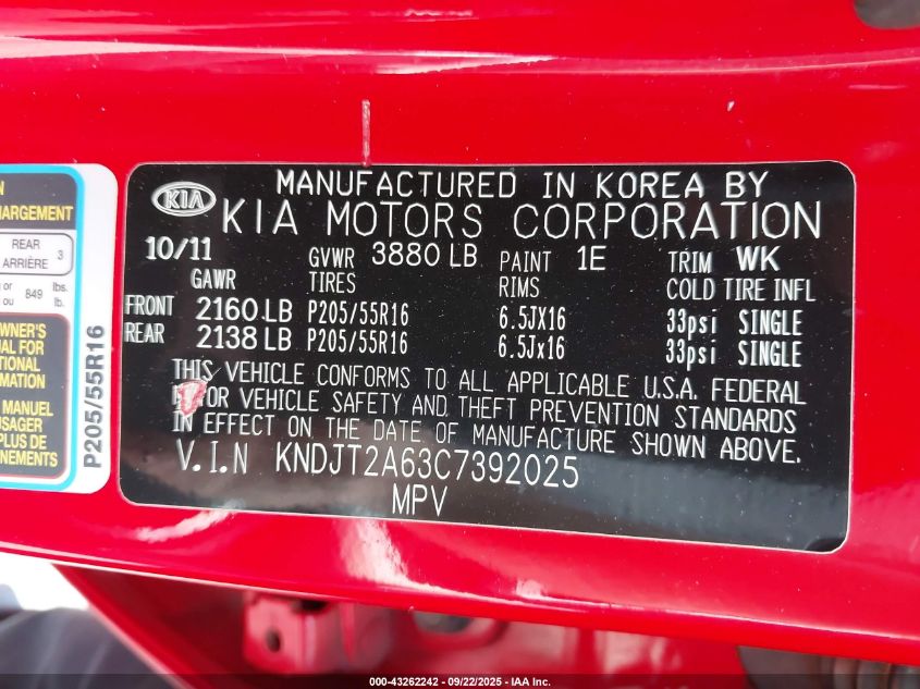 2012 Kia Soul + VIN: KNDJT2A63C7392025 Lot: 43262242