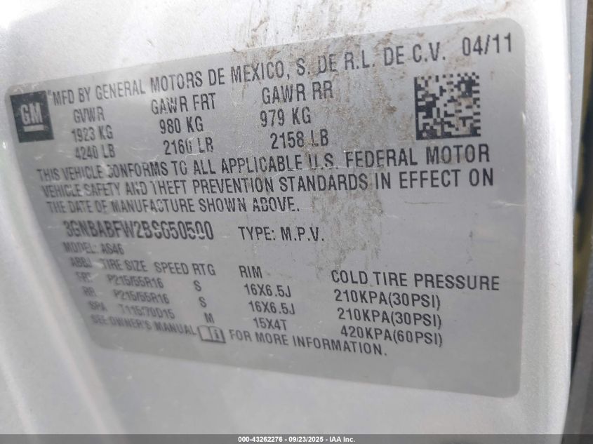 2011 Chevrolet Hhr Lt VIN: 3GNBABFW2BS650500 Lot: 43262276