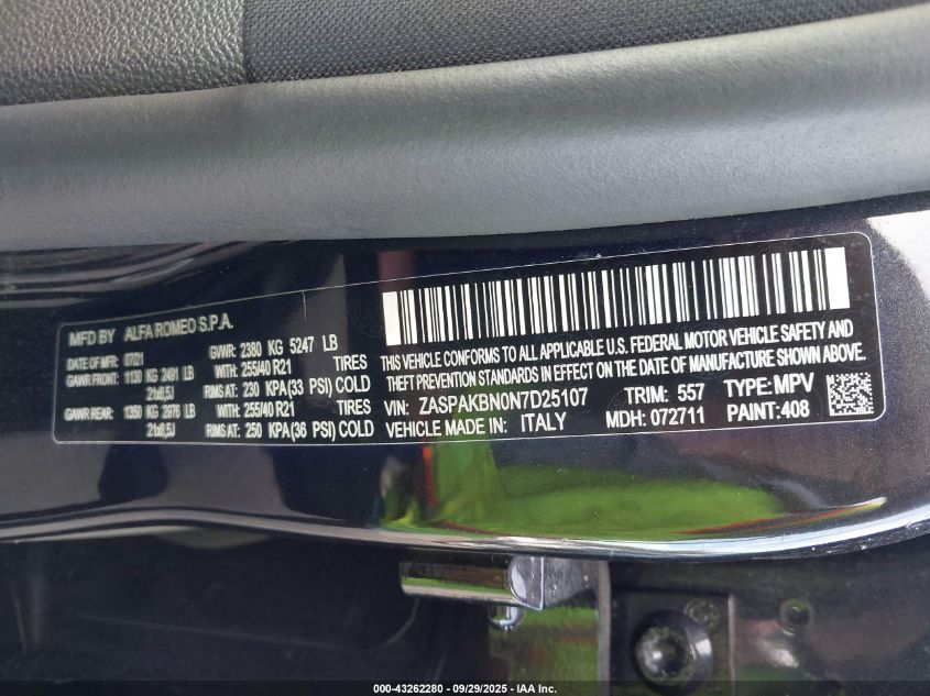 2022 Alfa Romeo Stelvio Veloce Ti Awd VIN: ZASPAKBN0N7D25107 Lot: 43262280