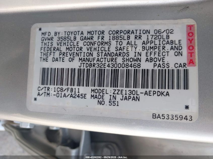 2003 Toyota Corolla Ce VIN: JTDBR32E430008468 Lot: 43262282