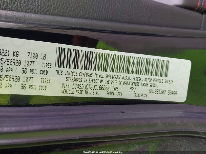 2018 Dodge Durango R/T Awd VIN: 1C4SDJCT6JC160800 Lot: 43262284