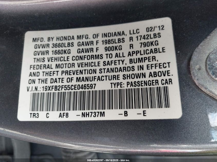 2012 Honda Civic Lx VIN: 19XFB2F55CE046597 Lot: 43262297