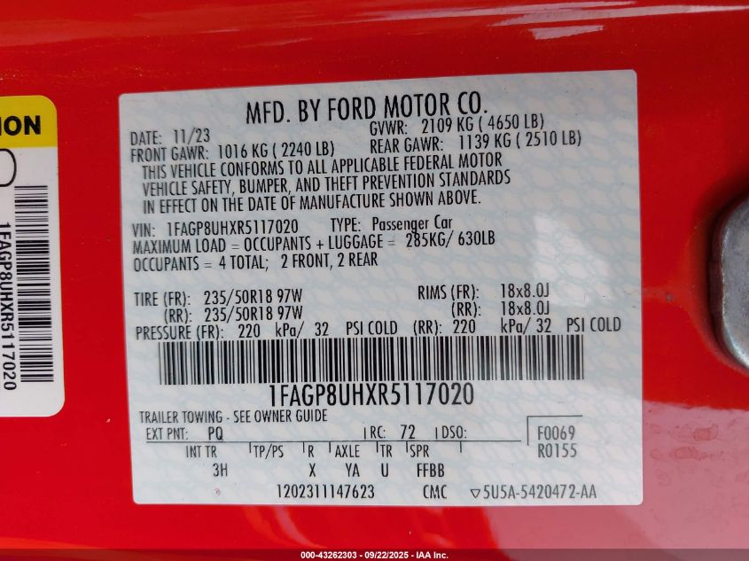2024 Ford Mustang Ecoboost Premium VIN: 1FAGP8UHXR5117020 Lot: 43262303