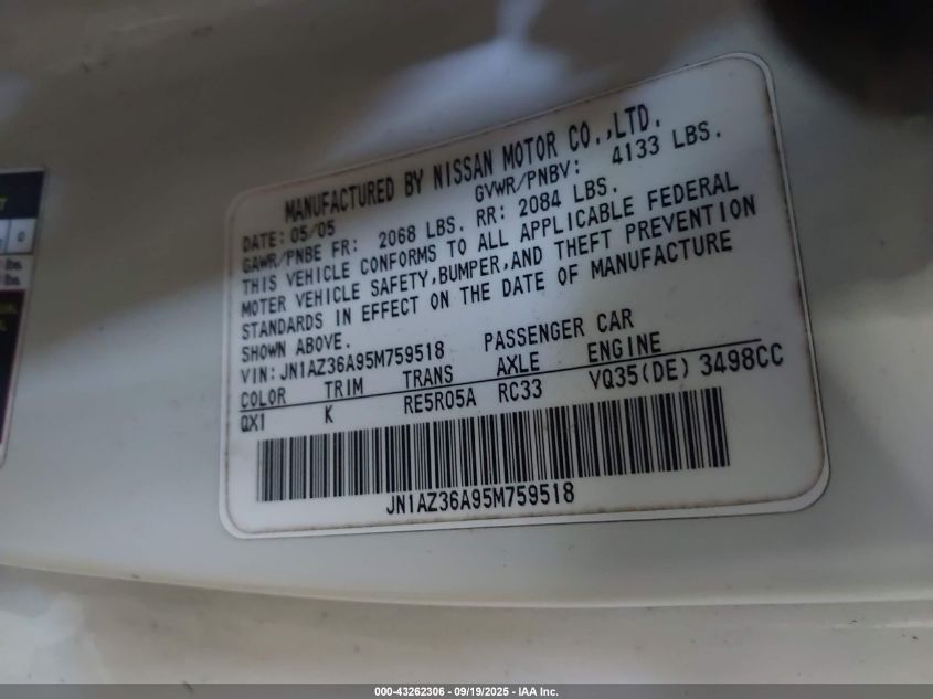 2005 Nissan 350Z Touring VIN: JN1AZ36A95M759518 Lot: 43262306