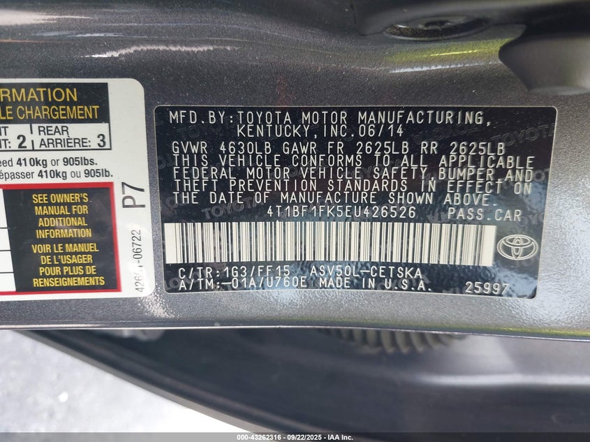 2014 Toyota Camry Se VIN: 4T1BF1FK5EU426526 Lot: 43262316
