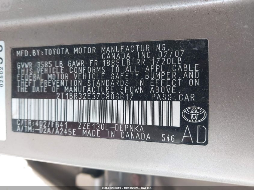 2007 Toyota Corolla Le VIN: 2T1BR32E37C806617 Lot: 43262319