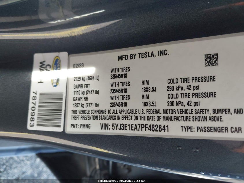 2023 Tesla Model 3 Rear-Wheel Drive VIN: 5YJ3E1EA7PF482841 Lot: 43262322