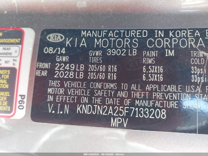 2015 Kia Soul VIN: KNDJN2A25F7133208 Lot: 43262323