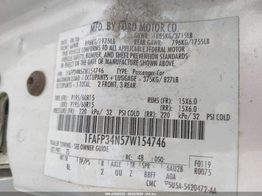 2007 Ford Focus S/Se/Ses VIN: 1FAFP34N57W154746 Lot: 43262339