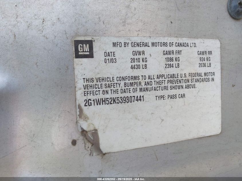 2003 Chevrolet Impala Ls VIN: 2G1WH52K539307441 Lot: 43262352