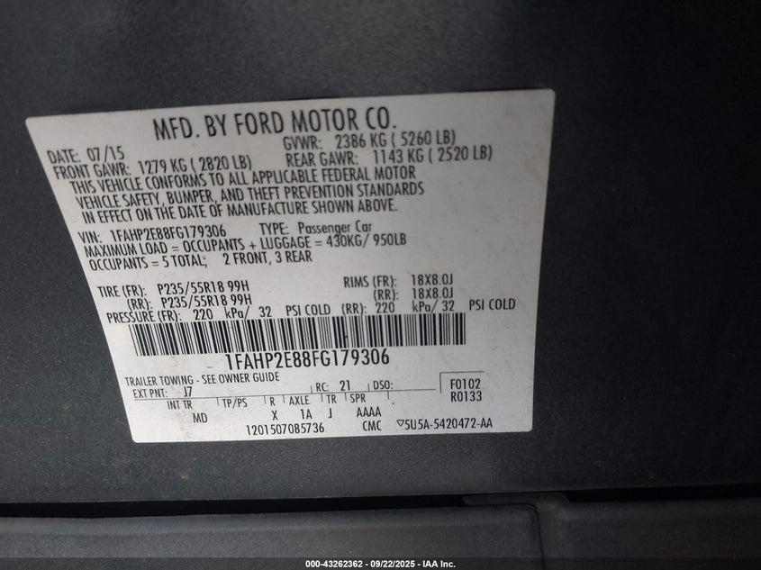 2015 FORD TAURUS SEL - 1FAHP2E88FG179306