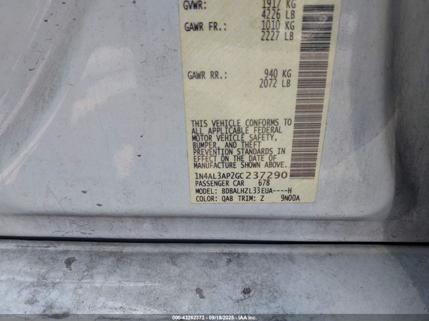 2016 Nissan Altima 2.5 Sr VIN: 1N4AL3AP2GC237290 Lot: 43262372