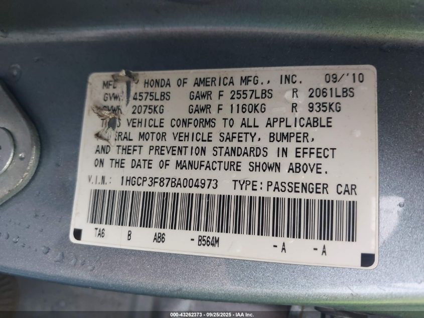 2011 Honda Accord 3.5 Ex-L VIN: 1HGCP3F87BA004973 Lot: 43262373