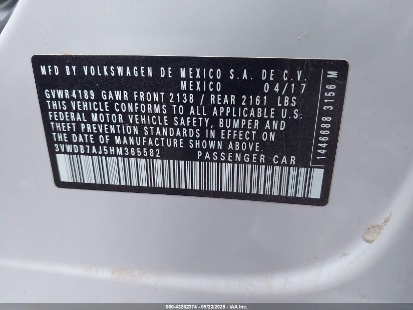 2017 Volkswagen Jetta 1.4T Se VIN: 3VWDB7AJ5HM365582 Lot: 43262374