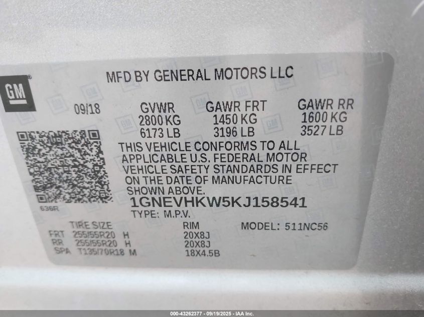 2019 Chevrolet Traverse 3Lt VIN: 1GNEVHKW5KJ158541 Lot: 43262377