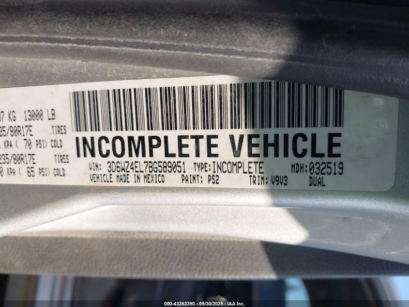 2011 Ram Ram 3500 Hd Chassis St/Slt VIN: 3D6WZ4EL7BG589051 Lot: 43262390