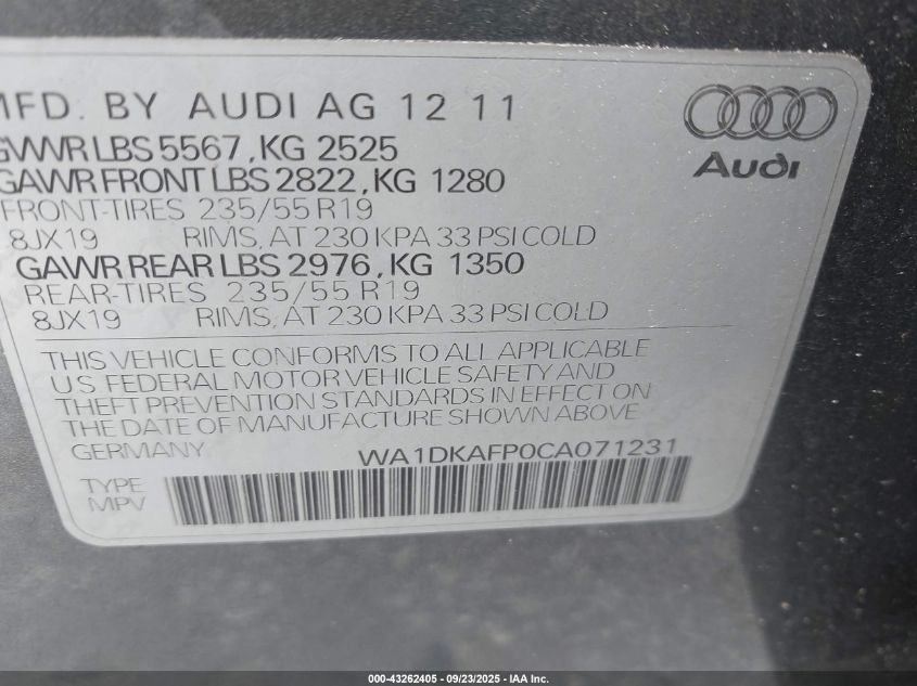 2012 Audi Q5 3.2 Premium Plus VIN: WA1DKAFP0CA071231 Lot: 43262405