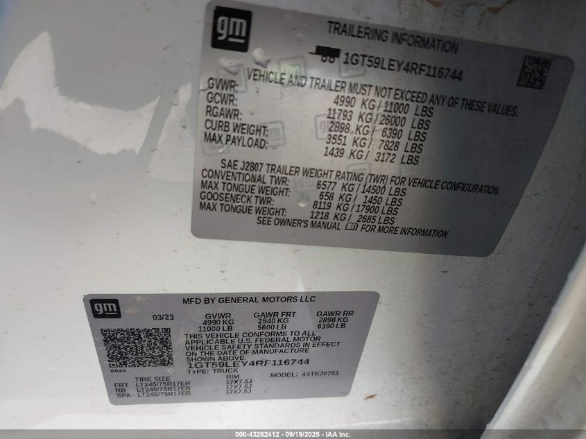 2024 GMC Sierra 2500Hd 4Wd Standard Bed Pro VIN: 1GT59LEY4RF116744 Lot: 43262412