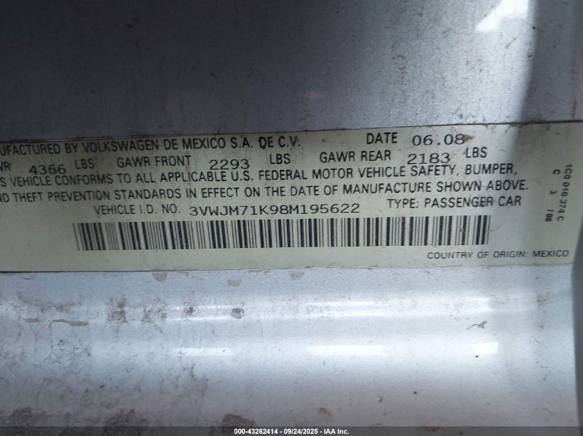 2008 Volkswagen Jetta S VIN: 3VWJM71K98M195622 Lot: 43262414