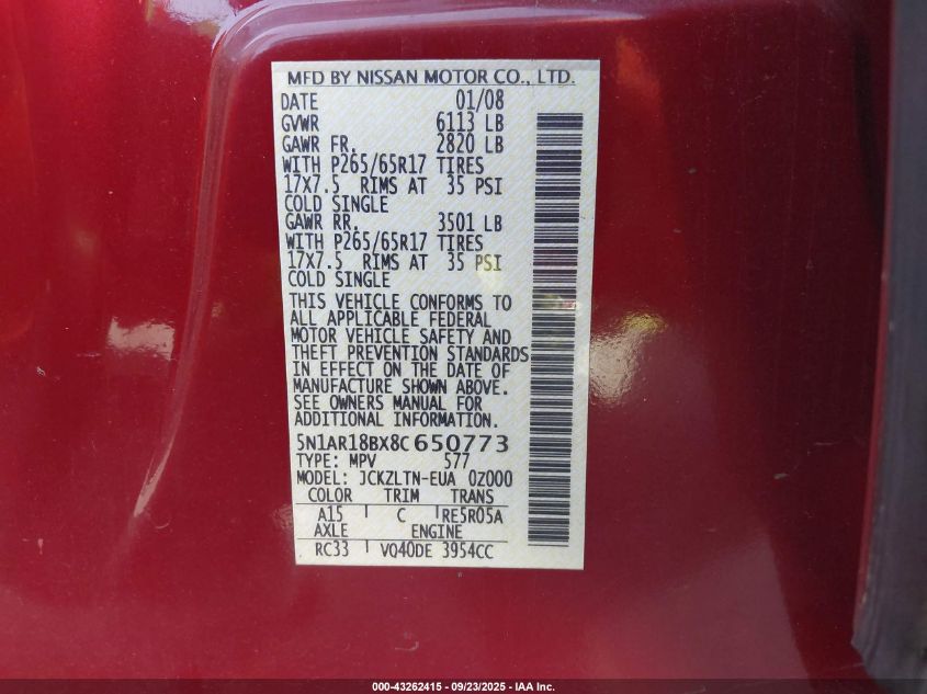 2008 Nissan Pathfinder Se VIN: 5N1AR18BX8C650773 Lot: 43262415