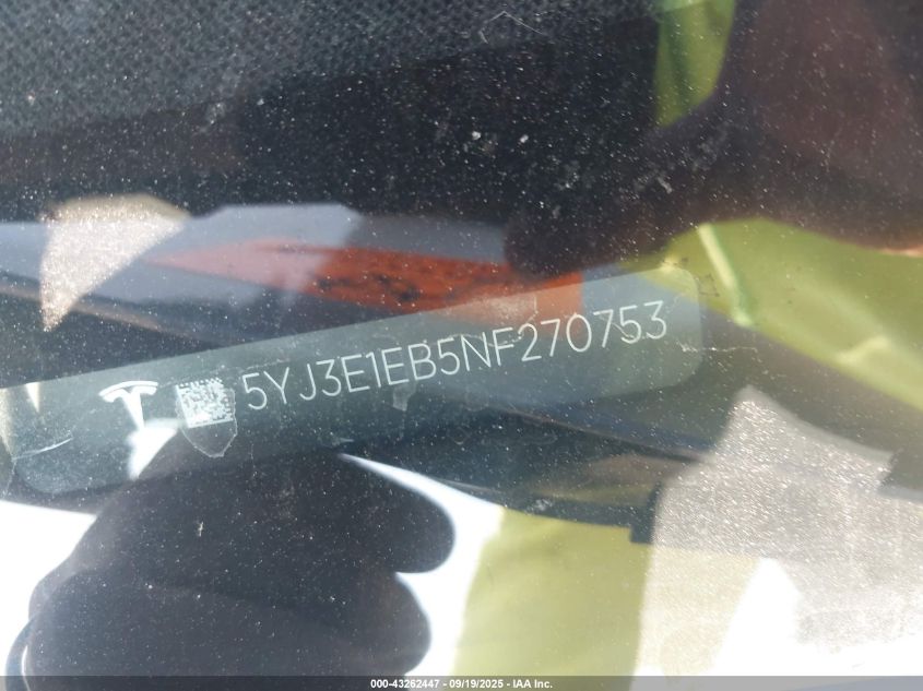 2022 Tesla Model 3 Long Range Dual Motor All-Wheel Drive VIN: 5YJ3E1EB5NF270753 Lot: 43262447