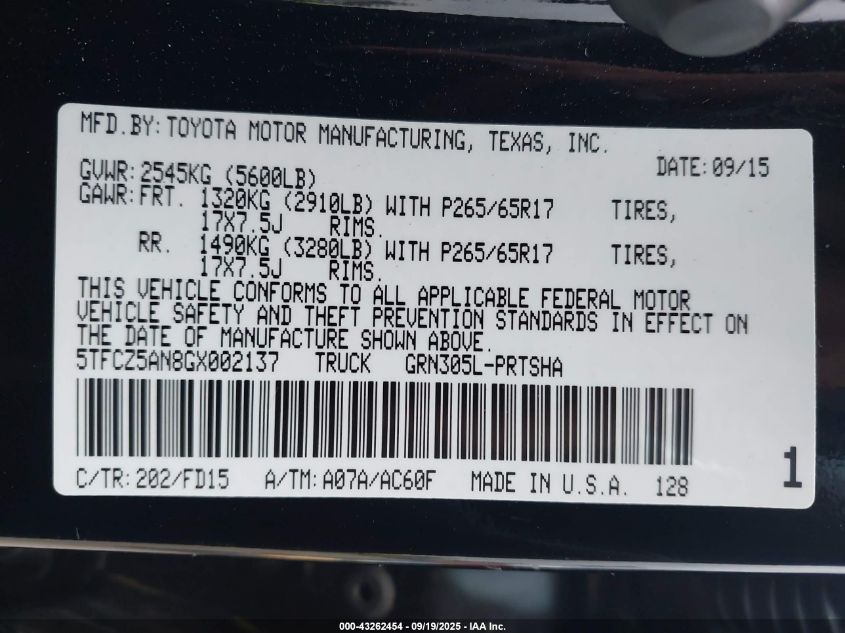 2016 Toyota Tacoma Trd Sport VIN: 5TFCZ5AN8GX002137 Lot: 43262454