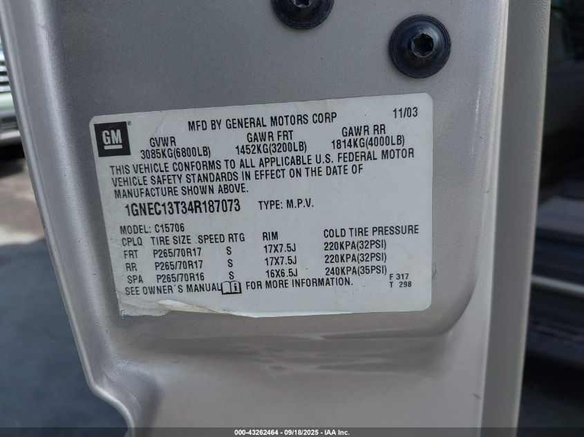 2004 Chevrolet Tahoe Lt VIN: 1GNEC13T34R187073 Lot: 43262464